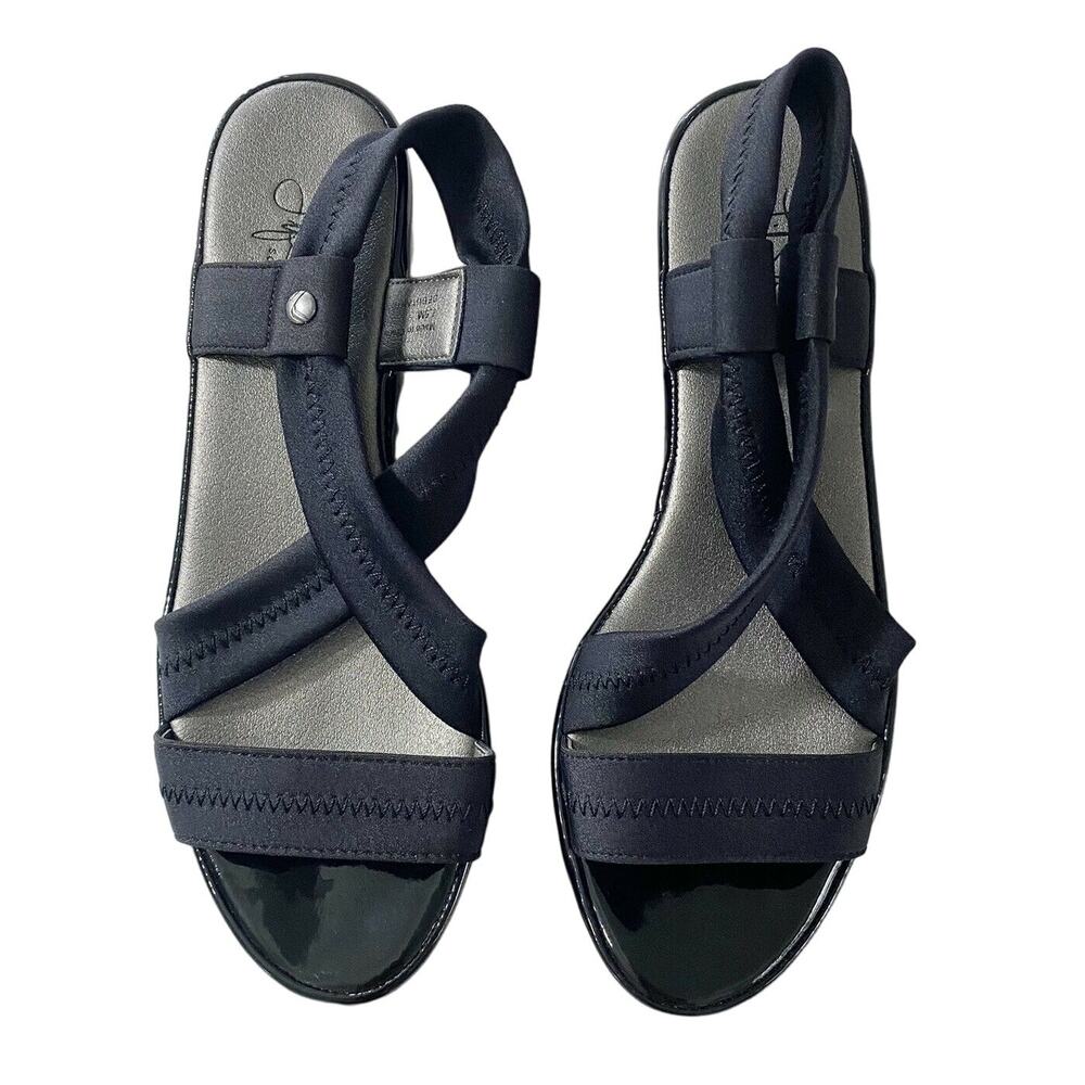 LifeStride Black Strappy Comfort Wedge Sandals Elastic Straps Size 7.5 M